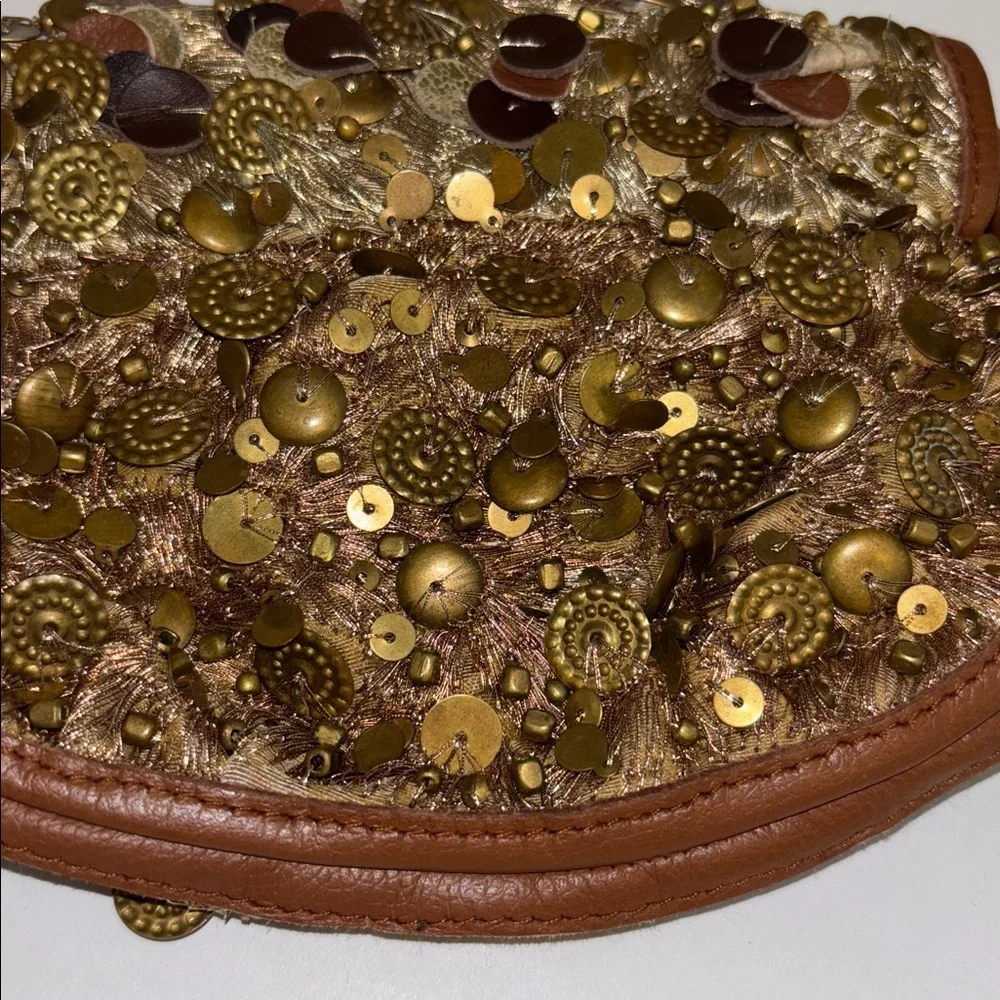 GOLD SEQUIN BEADED WRISTLET WITH BROWN LEATHER NO BRAND TAG MADE IN INDIA